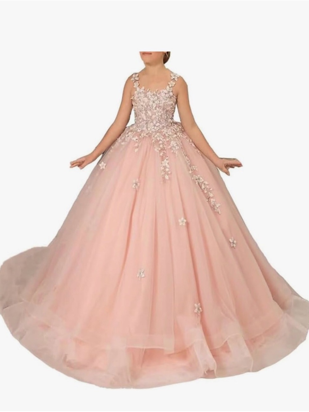 Girls Pink Floral Appliqué Ball Gown Dress